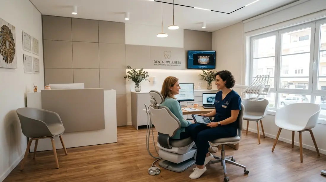 Dentista em consulta sorrindo com paciente, exemplo de profissional de saúde atendido pela Periscópio